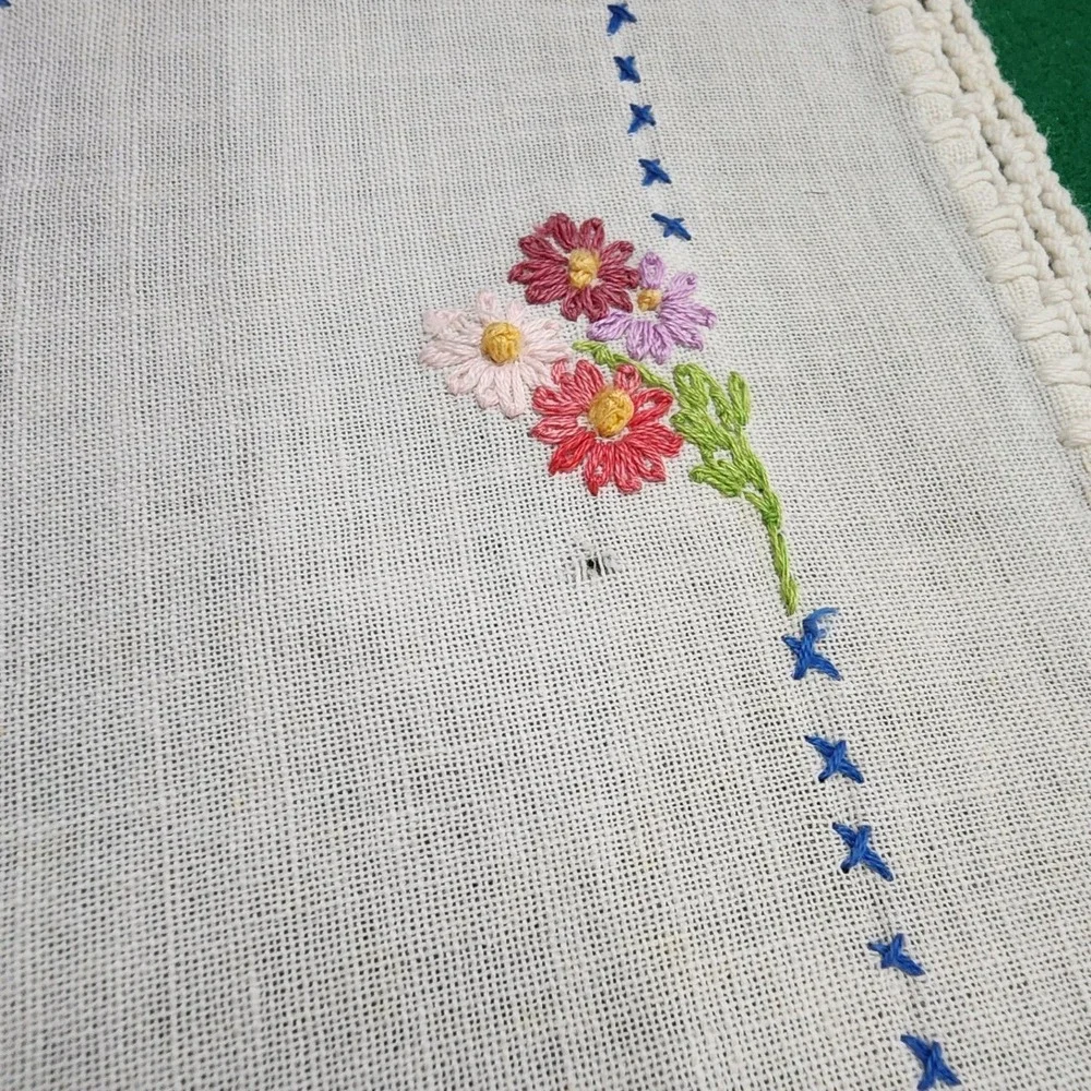 Antique Hand Embroidered Table Runner Bluebird Floral Crochet Lace Trim 36x11